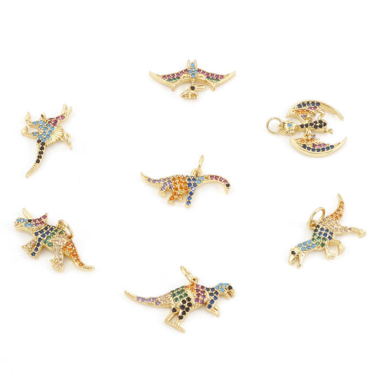 Picture of Brass Charms Gold Plated Dinosaur Animal Micro Pave Multicolor Rhinestone