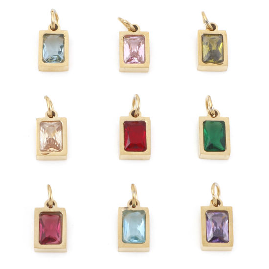 Изображение 304 Нержавеющая Сталь Подвески Прямоугольник Позолоченный Разноцветный Искусственный Циркон 13мм x 6мм, 1 ШТ