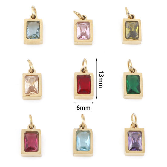 Изображение 304 Нержавеющая Сталь Подвески Прямоугольник Позолоченный Разноцветный Искусственный Циркон 13мм x 6мм, 1 ШТ