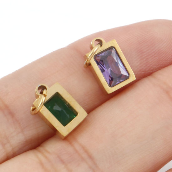 Изображение 304 Нержавеющая Сталь Подвески Прямоугольник Позолоченный Разноцветный Искусственный Циркон 13мм x 6мм, 1 ШТ