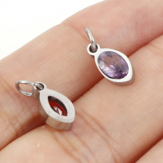 Изображение 304 Нержавеющая Сталь Подвески овальный Серебряный Тон Разноцветный Искусственный Циркон 13.5мм x 5мм, 1 ШТ