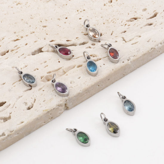 Изображение 304 Нержавеющая Сталь Подвески овальный Серебряный Тон Разноцветный Искусственный Циркон 13.5мм x 5мм, 1 ШТ