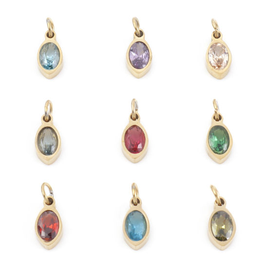 Изображение 304 Нержавеющая Сталь Подвески овальный Позолоченный Разноцветный Искусственный Циркон 13.5мм x 5мм, 1 ШТ