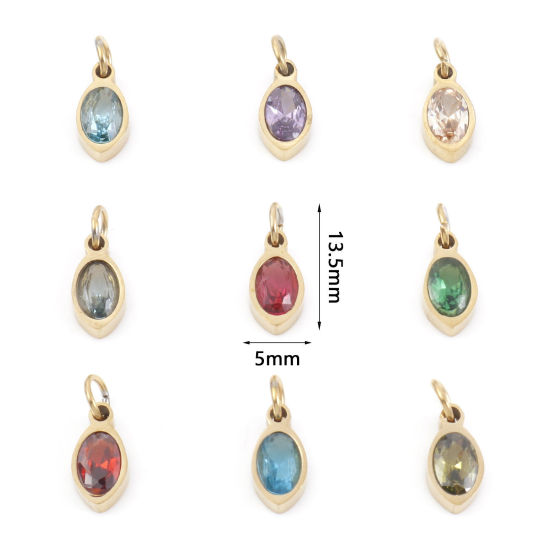 Изображение 304 Нержавеющая Сталь Подвески овальный Позолоченный Разноцветный Искусственный Циркон 13.5мм x 5мм, 1 ШТ