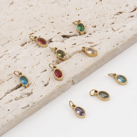 Изображение 304 Нержавеющая Сталь Подвески овальный Позолоченный Разноцветный Искусственный Циркон 13.5мм x 5мм, 1 ШТ