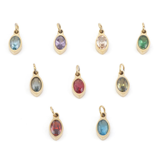 Изображение 304 Нержавеющая Сталь Подвески овальный Позолоченный Разноцветный Искусственный Циркон 13.5мм x 5мм, 1 ШТ