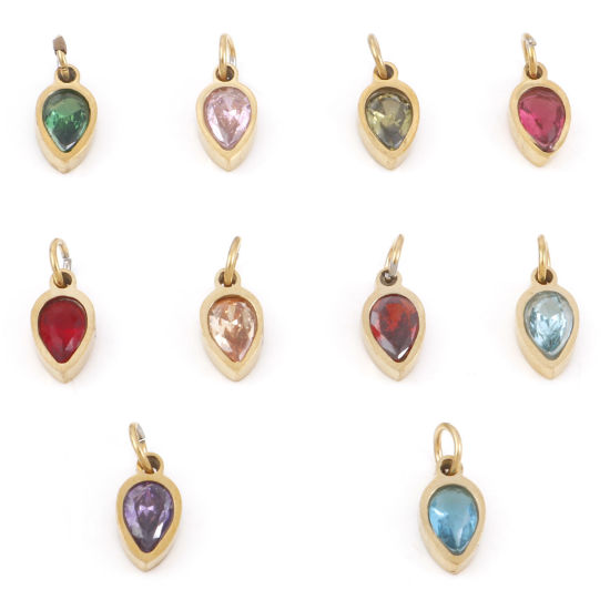 Изображение 304 Нержавеющая Сталь Подвески водяная капля Позолоченный Разноцветный Искусственный Циркон 13мм x 5.5мм, 1 ШТ