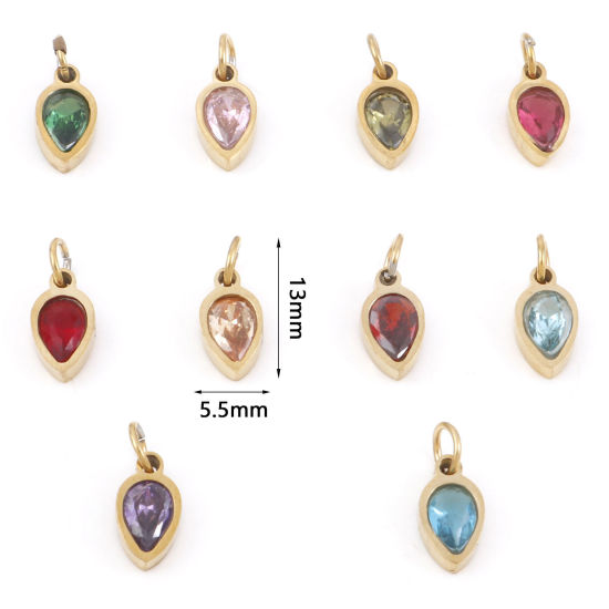 Изображение 304 Нержавеющая Сталь Подвески водяная капля Позолоченный Разноцветный Искусственный Циркон 13мм x 5.5мм, 1 ШТ