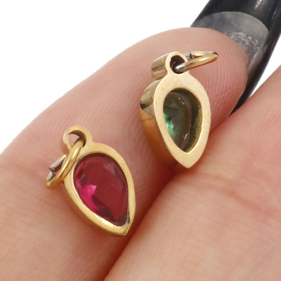 Изображение 304 Нержавеющая Сталь Подвески водяная капля Позолоченный Разноцветный Искусственный Циркон 13мм x 5.5мм, 1 ШТ