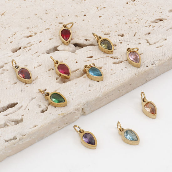Изображение 304 Нержавеющая Сталь Подвески водяная капля Позолоченный Разноцветный Искусственный Циркон 13мм x 5.5мм, 1 ШТ