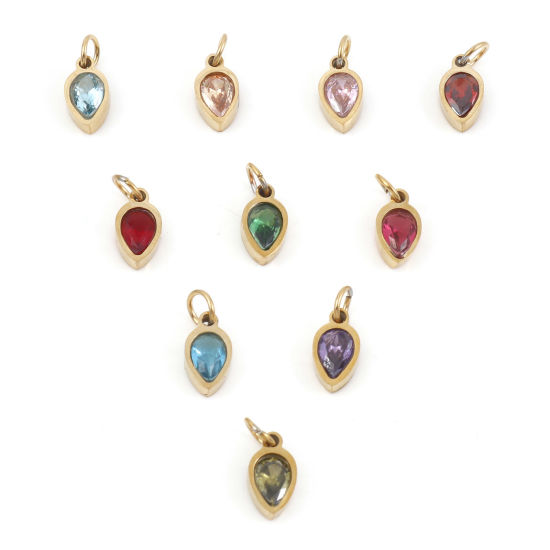 Изображение 304 Нержавеющая Сталь Подвески водяная капля Позолоченный Разноцветный Искусственный Циркон 13мм x 5.5мм, 1 ШТ