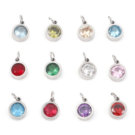 Immagine di 304 Acciaio Inossidabile Charms Tondo Tono Argento Multicolore Cubic Zirconiae 13mm x 8mm, 1 Pz