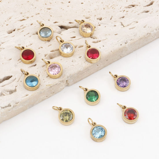 Изображение 304 Нержавеющая Сталь Подвески Круглые Позолоченный Разноцветный Искусственный Циркон 13мм x 8мм, 1 ШТ