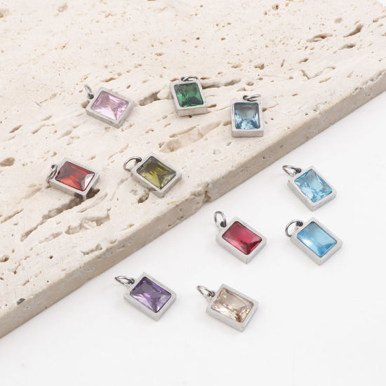 Изображение 304 Нержавеющая Сталь Подвески Прямоугольник Серебряный Тон Разноцветный Искусственный Циркон 15мм x 8мм, 1 ШТ