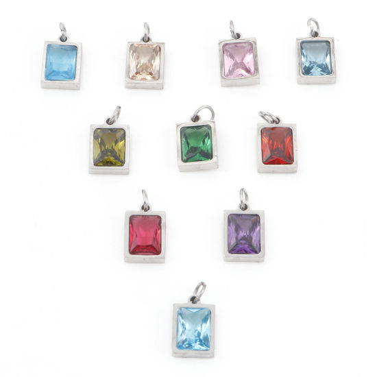 Изображение 304 Нержавеющая Сталь Подвески Прямоугольник Серебряный Тон Разноцветный Искусственный Циркон 15мм x 8мм, 1 ШТ