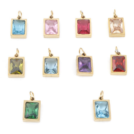 Bild von 304 Edelstahl Charms Rechteck Vergoldet Bunt Zirkonia 15mm x 8mm, 1 Stück