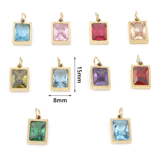 Изображение 304 Нержавеющая Сталь Подвески Прямоугольник Позолоченный Разноцветный Искусственный Циркон 15мм x 8мм, 1 ШТ
