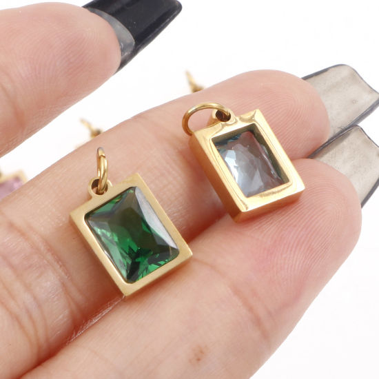 Изображение 304 Нержавеющая Сталь Подвески Прямоугольник Позолоченный Разноцветный Искусственный Циркон 15мм x 8мм, 1 ШТ