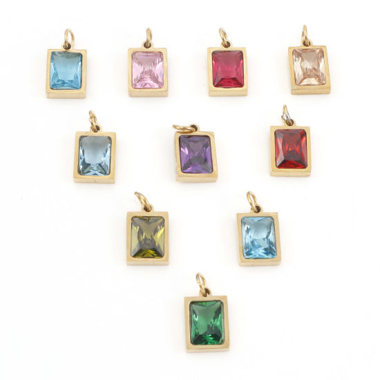 Изображение 304 Нержавеющая Сталь Подвески Прямоугольник Позолоченный Разноцветный Искусственный Циркон 15мм x 8мм, 1 ШТ