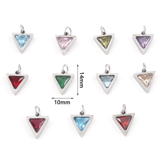 Изображение 304 Нержавеющая Сталь Подвески Треугольник Серебряный Тон Разноцветный Искусственный Циркон 14мм x 10мм, 1 ШТ