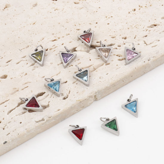 Изображение 304 Нержавеющая Сталь Подвески Треугольник Серебряный Тон Разноцветный Искусственный Циркон 14мм x 10мм, 1 ШТ
