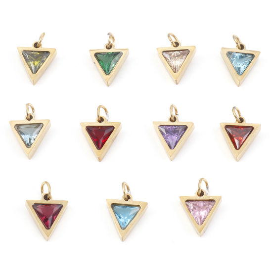 Изображение 304 Нержавеющая Сталь Подвески Треугольник Позолоченный Разноцветный Искусственный Циркон 14мм x 10мм, 1 ШТ