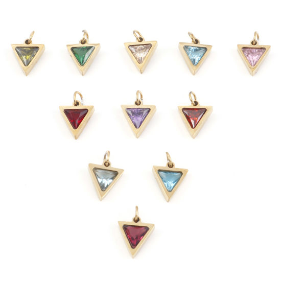 Изображение 304 Нержавеющая Сталь Подвески Треугольник Позолоченный Разноцветный Искусственный Циркон 14мм x 10мм, 1 ШТ