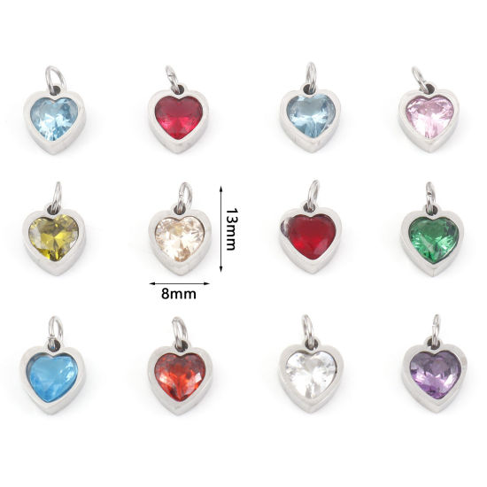 Picture of 304 Stainless Steel Valentine's Day Charms Silver Tone Heart Multicolour Cubic Zirconia 13mm x 8mm