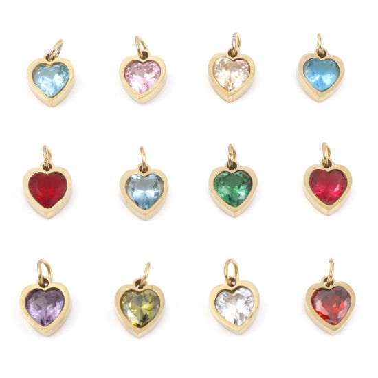 Изображение 304 Нержавеющая Сталь День святого Валентина Подвески Сердце Позолоченный Разноцветный Искусственный Циркон 13мм x 8мм, 1 ШТ