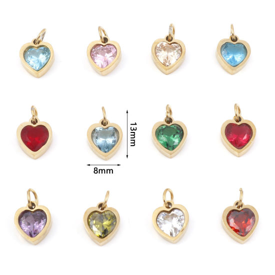 Изображение 304 Нержавеющая Сталь День святого Валентина Подвески Сердце Позолоченный Разноцветный Искусственный Циркон 13мм x 8мм, 1 ШТ