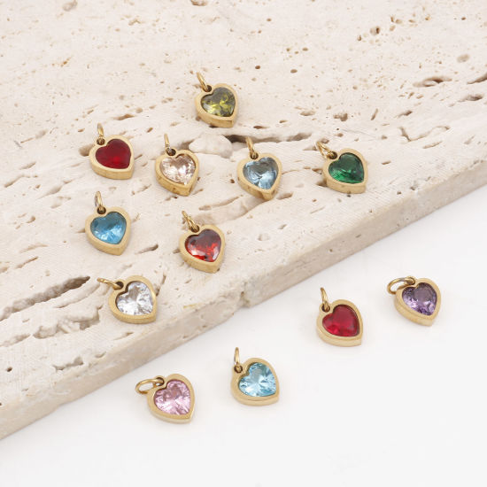 Изображение 304 Нержавеющая Сталь День святого Валентина Подвески Сердце Позолоченный Разноцветный Искусственный Циркон 13мм x 8мм, 1 ШТ