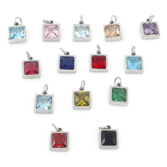 Изображение 304 Нержавеющая Сталь Подвески Квадратные Серебряный Тон Разноцветный Искусственный Циркон 13мм x 8мм, 1 ШТ