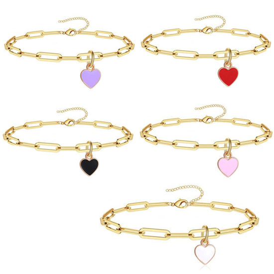 Изображение 304 Нержавеющая Сталь День святого Валентина Цепи Ножные Браслеты Позолоченный Разноцветный С Эмалью Сердце 21см длина, 1 ШТ