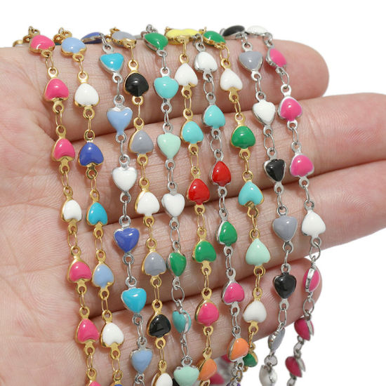 304ステンレス鋼 デザインチェーン ハート 金メッキ 多色 エナメル 5mm、 1 メートル の画像