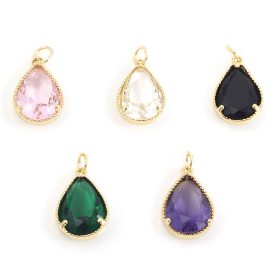 真鍮+ガラス チャーム 金メッキ 多色 滴 ドロップ 22mm x 12mm、 1 個 の画像