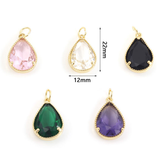 真鍮+ガラス チャーム 金メッキ 多色 滴 ドロップ 22mm x 12mm、 1 個 の画像