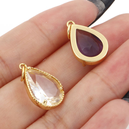 真鍮+ガラス チャーム 金メッキ 多色 滴 ドロップ 22mm x 12mm、 1 個 の画像