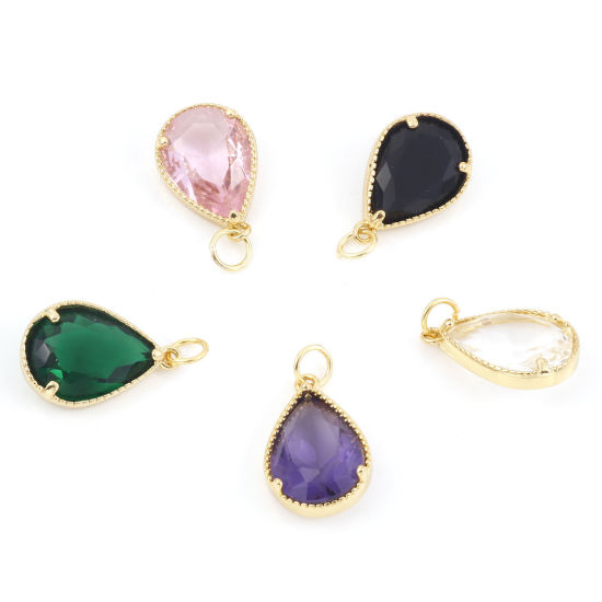 真鍮+ガラス チャーム 金メッキ 多色 滴 ドロップ 22mm x 12mm、 1 個 の画像