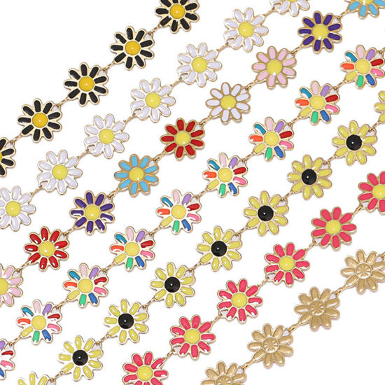 Picture of 304 Stainless Steel Handmade Link Chain Flower Gold Plated Multicolor Enamel 10mm