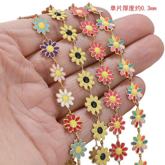 Picture of 304 Stainless Steel Handmade Link Chain Flower Gold Plated Multicolor Enamel 10mm