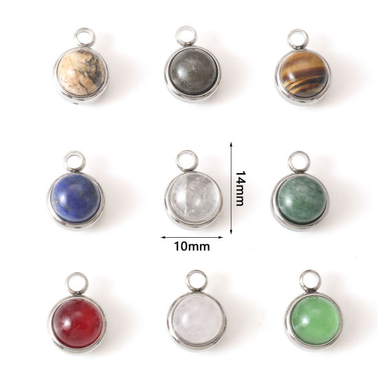 Bild von Anhänger aus 304 Edelstahl und Edelsteinen, silberfarben, mehrfarbig, rund, 14 mm x 10 mm