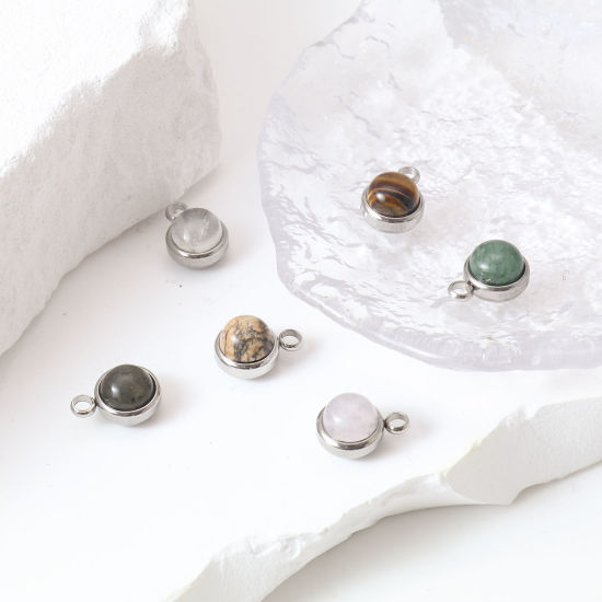 Bild von Anhänger aus 304 Edelstahl und Edelsteinen, silberfarben, mehrfarbig, rund, 14 mm x 10 mm