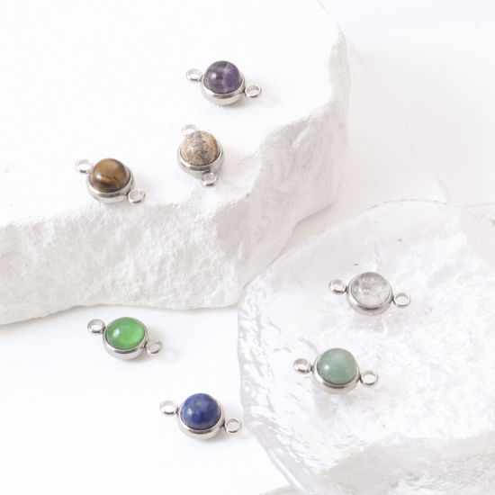Picture of 304 Stainless Steel & Gemstone Connectors Silver Tone Multicolor Round 18mm x 10mm