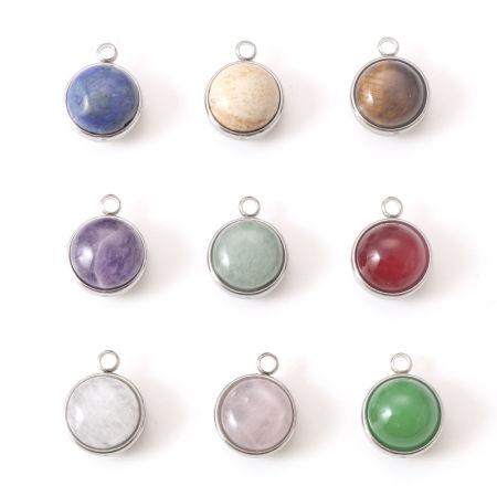 304 Stainless Steel & Gemstone Charms Silver Tone Multicolor Round 18mm x 14mm
