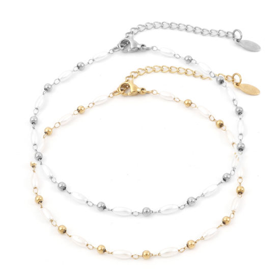 Изображение 1 ШТ вакуумное покрытие 304 Нержавеющая Сталь Простой Цепь ручной работы Ножные Браслеты Белый Имитация жемчуга 22.5см длина