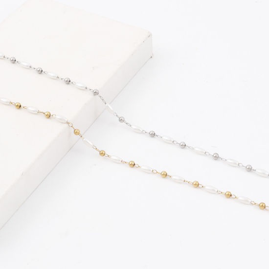 Изображение 1 ШТ вакуумное покрытие 304 Нержавеющая Сталь Простой Цепь ручной работы Ножные Браслеты Белый Имитация жемчуга 22.5см длина