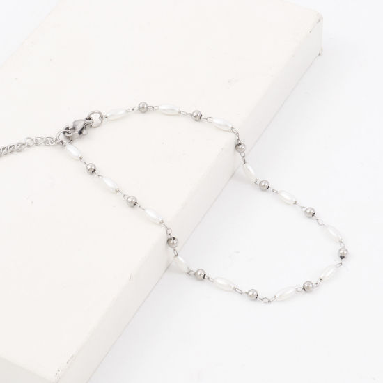 Изображение 1 ШТ вакуумное покрытие 304 Нержавеющая Сталь Простой Цепь ручной работы Ножные Браслеты Белый Имитация жемчуга 22.5см длина