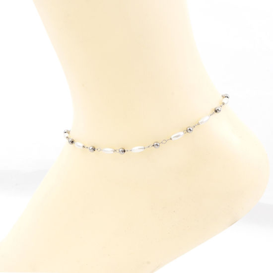 Изображение 1 ШТ вакуумное покрытие 304 Нержавеющая Сталь Простой Цепь ручной работы Ножные Браслеты Белый Имитация жемчуга 22.5см длина