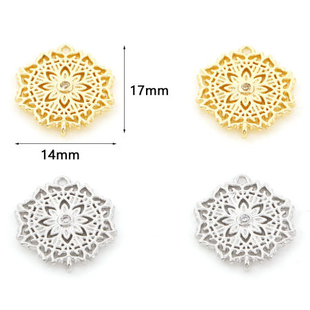 Image de Connecteurs en Laiton Plaqué Or Véritable Fleur Micro Pave à Zircone Cubique Clair 17mm x 14mm, 2 Pcs