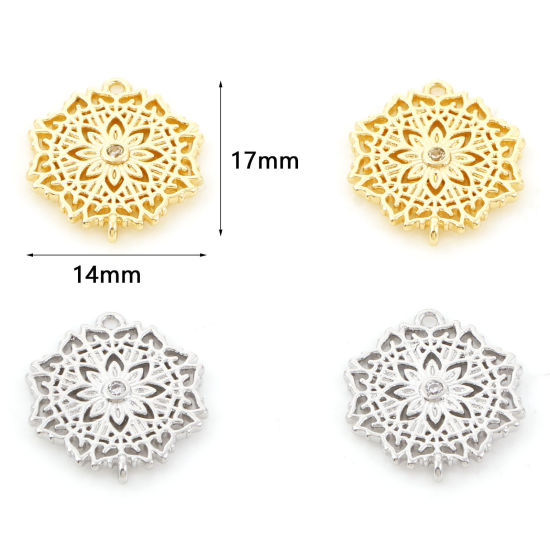 Picture of Brass Connectors Real Gold Plated Flower Micro Pave Clear Cubic Zirconia 17mm x 14mm                                                                                                                                                                          